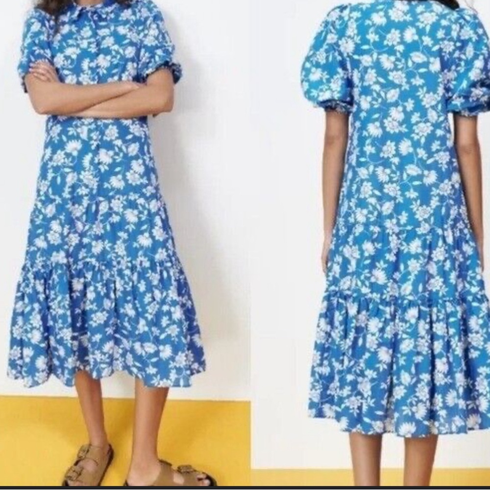 Zara ruffled blue floral print midi dress, like new, size medium.